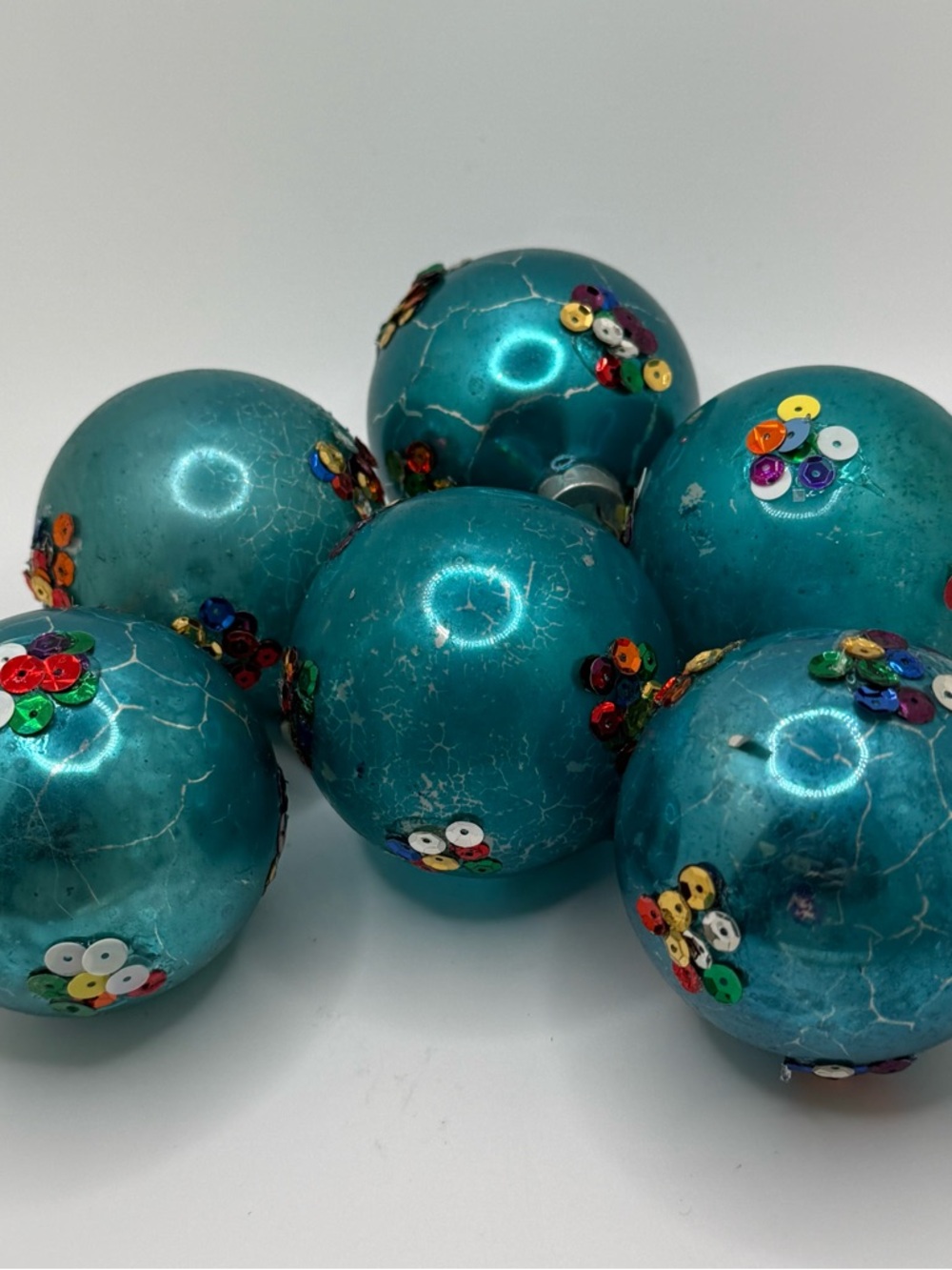 Vintage Mercury Glass Ornaments Teal Tacky Sequin Set 6 Handmade Kitsch old USA